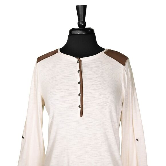 Ralph Lauren Womens Blouse Beige Brown Faux Leather Button 3/4 Sleeve Knit Top L - Picture 6 of 8